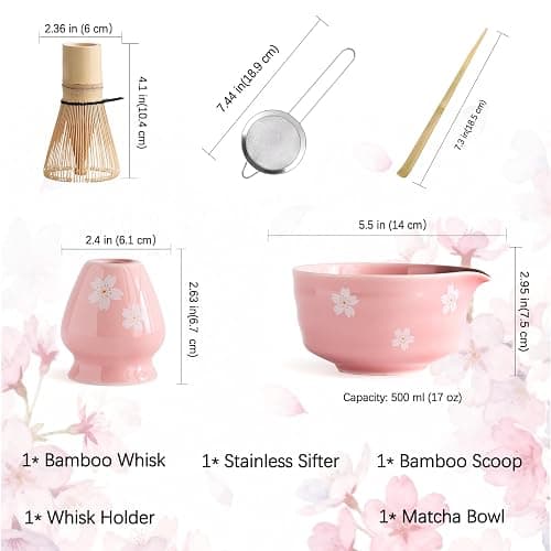 Buucup Matcha Whisk Set, Ceramic Matcha Bowl with Spout, Pink Matcha Kit | Includes bamboo whisk, holder, scoop and stainless sifter. Japanese-style matcha set designed for smooth tea preparation. thumbnail 2