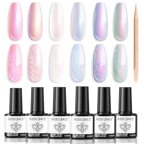 Modelones Vernis à Ongles Semi Permanent 6 Couleurs Rose Blanc Perle Effet Soak Off Vernis Gel Uv Semi Permanent avec Stick Dessine le Cercle pour Printemps Eté - Perle Rose - Image 1