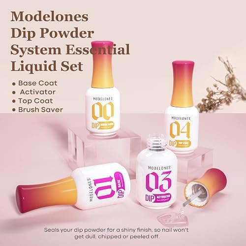 modelones Dip Powder Liquid Set 4+4 Pcs, Dip Powder System Set with Base Coat/Top Coat/Activator/Brush Saver/Manicure Tools for Nail Kit Art DIY Salon - 15ml/0.5oz thumbnail 2