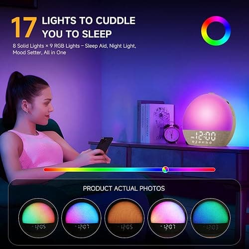 Geuuap Sunrise Alarm Clock White Noise Sound Machine for Bedroom | Natural Wake-Up Light with 30 Soothing Sleep Aids, Bluetooth Speaker, Dimmable Clock, Screen-Free Design for Baby Adults Kids-Khaki thumbnail 7