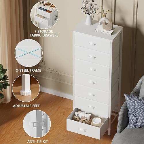 Furnulem White Tall Dresser for Bedroom with 7 Drawers, Vertical Chest of Drawer in Closet, Nightstand Storage Tower Unit Organizer with Fabric Bins for Dorm,Living Room,Entryway,Hallyway - White - 11.4"D x 15.8"W x 47.5"H (7 Drawers) thumbnail 5
