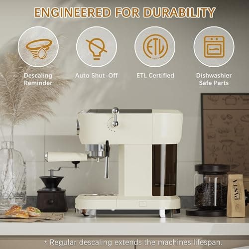 Brewmann Espresso Machine 20 Bar, Latte and Cappuccino Machine with Steam Milk Frother, Fast Heating, Professional Espresso Maker for Home, 42oz Removable Water Tank, Cream thumbnail 9