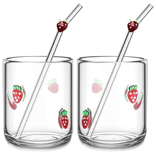 Skylety 2 Set Strawberry Icon Juice Glass Cups - Icon Glass Cup with 2 Straw 14 oz Double Old Fashioned Cute Pattern Glassware for Tea, Water, Milk, Coffee, Parties Gifts - Image 1