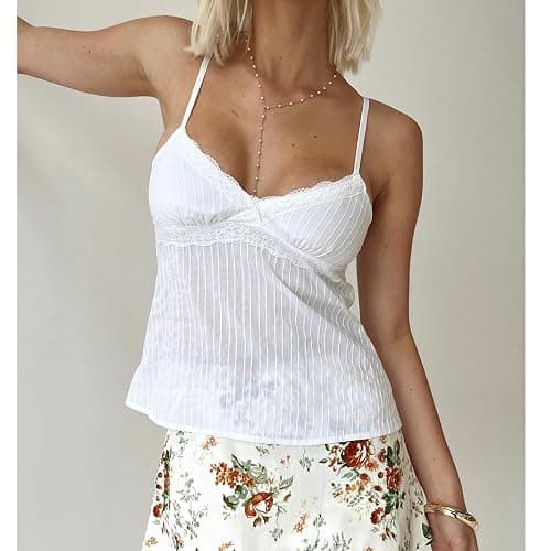 Women Babydoll Tank Tops Y2K Sleeveless V Neck Spaghetti Strap Cropped Lace Peplum Tops Teen Girls Summer Camisole thumbnail 2