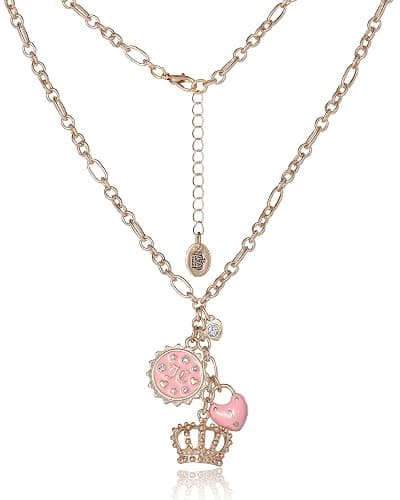 Juicy Couture Charm Necklace for Women, 16-18"+2" Gold-Tone Necklace Juicy Logo Charms with Pink Enamel and Clear Crystals thumbnail 5