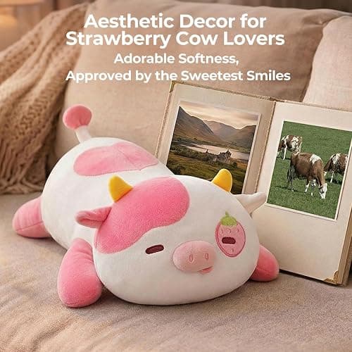 Mewaii Strawberry Cow Plush Pillow Cute Plushies, Squishy & Huggable, 13 in | Cuddly Cow Stuffed Animal Pillow, Low-Shedding, PP Cotton Fill, Machine Washable, Desk Decor, Gift For Kids & Cow Lovers thumbnail 9