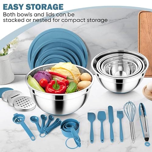 E-far 25PCS Mixing Bowls with Lid Set, Stainless Steel Nesting Prep Bowls with Grater Attachments Non-Slip Bottoms for Cooking, Baking, Serving, Food Storage, 4.6/2.6/2/1.5/1/0.7QT - Blue thumbnail 5
