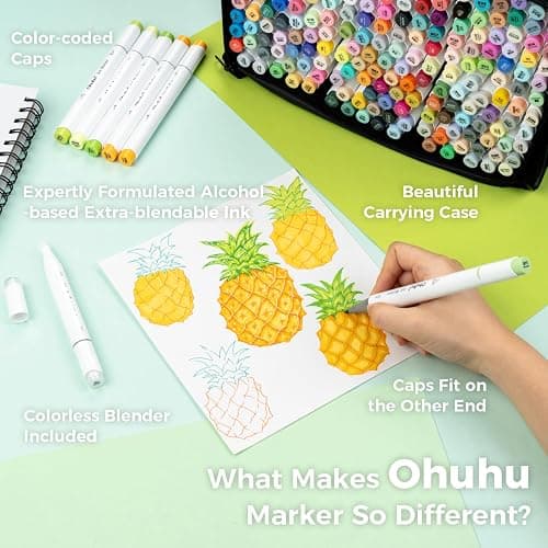 Ohuhu Alcohol Based Brush Markers: Double Tipped Art Marker Set for Artists Adults Coloring Drawing Sketch Illustration - Brush Fine Dual Tip - 216 Colors - 1 Blender - 1 Marker Case - Honolulu thumbnail 6
