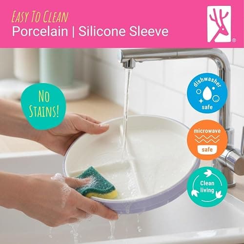 Elk and Friends Kids 7.8” Porcelain White Plates with Silicone Sleeves | Divided Plates | Suitable for Kids/Toddlers | Microwave & Dishwasher Safe | Non Slip | Snack Dishes… thumbnail 7