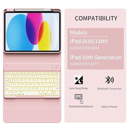 GKABXY Case with Keyboard for iPad A16 11th / 10th Generation - 7 Colors Backlit Wireless Detachable Folio Keyboard Cover with Pencil Holder for iPad 11-inch 2025 10th Gen 10.9 Inch 2022, Light Pink thumbnail 4