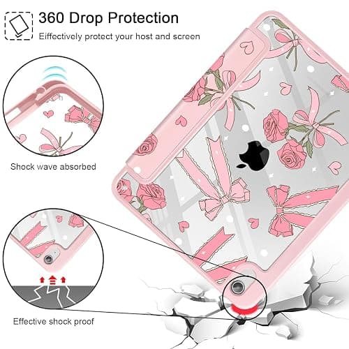 Tuiklol Case for iPad 11 inch (A16 Chip) 2025 Gen 11th / iPad 10.9 inch 2022 10th Gen, Buit in Pencil Holder with Shockproof Cover Clear Transparent Back Shell Auto Wake/Sleep,Bow & Rose thumbnail 5
