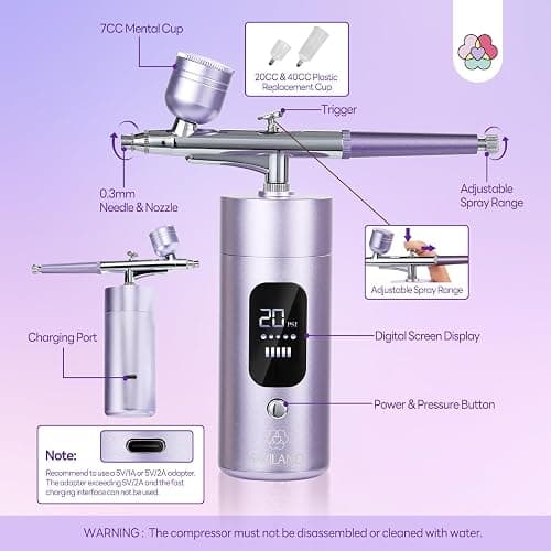 SAVILAND Advanced AirBrush Kit for Nails: 30 PSI LCD Display Airbrush Kit with Compressor Rechargeable Nail Airbrush Machine with 0.3mm Nozzle Cordless Portable Air Brush Painting Set for Nail Art thumbnail 4
