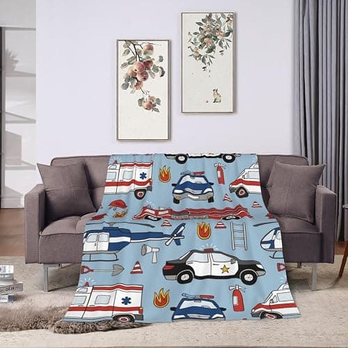 Cartoon Emergency Car Flannel Throw Blanket for Kids Boys Baby Toddler Teens Gifts Soft Warm Bedroom Throws for Home Couch Room Sofa Office Travel Camping Dorm Decor 50x40 Inch thumbnail 7