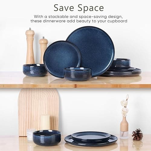 Herogo 12 Pieces Dinnerware Set Stoneware Service for 4, Dinner Plates and Bowls Sets, Double Reactive Glaze Dishes Set for Kitchen, Scratch Resistant, Microwave & Dishwasher Safe, Starry Blue - 12 - Starry Blue thumbnail 4