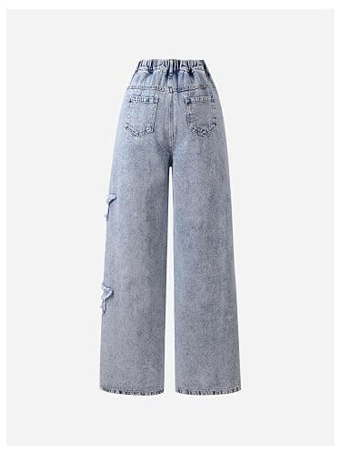 WDIRARA Girl's Bowknot Print Washed Jean Elastic Waist Denim Pants Straight Leg Trousers with Pockets thumbnail 2