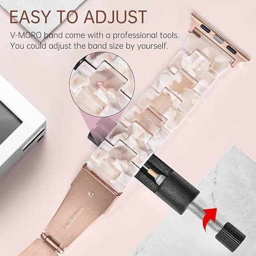 V-MORO Lightweight Resin Bands Compatible with Apple Watch Series 11/10/9/8/7 Band Rose Gold Stainless Steel Buckle Fashion Cute Strap for iwatch Series SE/6/5/4/3/2/1(Pink Tan,42mm/41mm/40mm/38mm) thumbnail 6