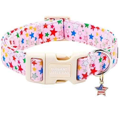 Elegant Little Tail 4th of July Dog Collar with Pendant, Patriotic Pink Stars Patriot Pattern Cotton, Sturdy Quick-Release Plastic Buckle, Girl Adjustable Pet Collar for Medium Dogs - Image 1
