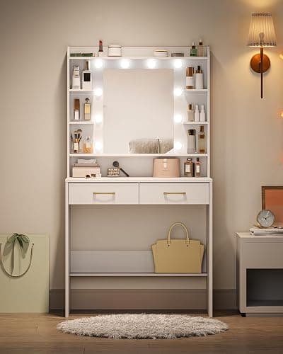 Hzuaneri Dressing Table with Mirror and Led Light, Vanity Desk with Adjustable Brightness, Vanity Table with Shelves and 2 Drawers, for Bedroom, Living Room, 40 x 80 x 149 cm, White DT08203XV1UK thumbnail 8