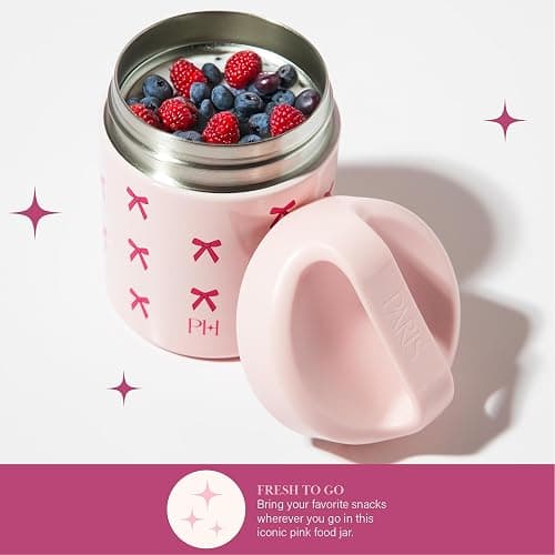Paris Hilton Stainless Steel Food Jar, Double Wall Vacuum Sealed Insulated Food Storage Container with Carry Handle Lid, 12-Ounce, Pink with Bow Design thumbnail 5