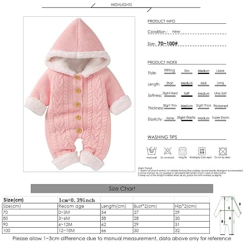 Haokaini Neugeborene Baby Kapuze Strick Strampler Fleece Pullover Wärmer Schneeanzug Overall Overalls Onesies Baby Winter Oberbekleidung für Jungen Mädchen - 3-6 Monate - Rosa thumbnail 3