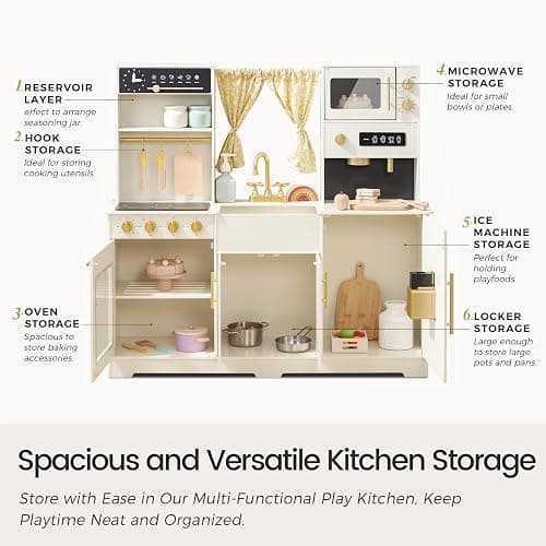Tiny Land Play Kitchen for Kids, Toy Kitchen Set with Plenty of Play Features, New Modern Kids Wooden Play Kitchen Designed in Trendy Home Style with Curtains, Gift for Ages 3+ thumbnail 6