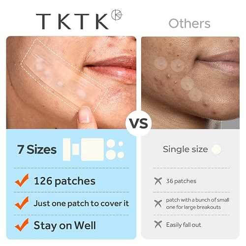 TKTK Large Pimple Patches for Face, 7 Sizes XL Acne Patches, Big Hydrocolloid Bandages for Body, Chin, Forehead, Chest, Back Zit Breakouts, Hydrocolloid Patch (Strip, Square, Dot 126 Count) thumbnail 5