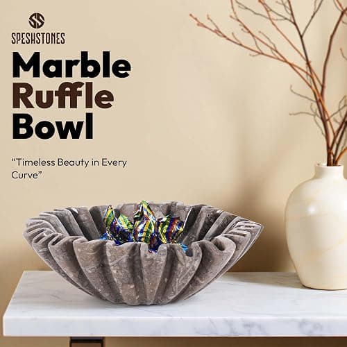 SPESHSTONES Marble Ruffle Bowl 8 Inch Oceanic Stone Large Decorative Fruit Bowl for Kitchen Counter & Dining Table Centerpiece - Modern Fluted and Scalloped Bowls for Christmas Gifts & Home Decor thumbnail 4