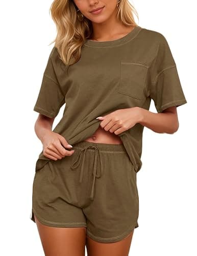 KCW Pajamas for Women Set 2 Piece 100% Cotton Lounge Sets Short Sleeve Top and Shorts Pj Set Sleepwear Outfits - Size Large - Image 1