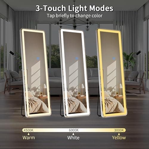Koonmi LED Full Length Mirror, 56"x20" Full Length Mirror with Lights, Lighted Floor Mirrors with Stand, Full Body Mirrors with Dimming & 3 Color Lightingfor Living Room Cloakroom, White thumbnail 5