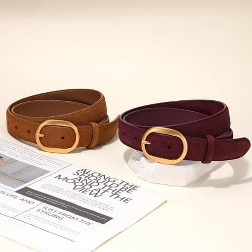 Womens Leather Suede Belt Brown Waist Belt for Casual Dress Jeans Ladies Genuine Leather Gold Buckle Belt thumbnail 7