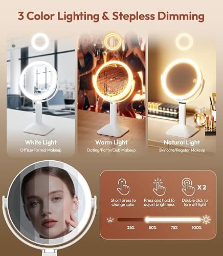 Glowtop Lighted Makeup Mirror with Lights and Magnification 30X/1X, Height Adjustable 30X Magnifying Vanity Mirror with 4000mAh Battery & 3 Colors Dimming Light for Desktop Bathroom Bedroom (White) thumbnail 5