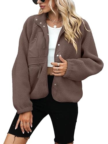 Yanekop Womens Fleece Jacket Fuzzy Long Sleeve Short Winter Coats Button Down Sherpa Jacket Outerwear with Pockets thumbnail 2