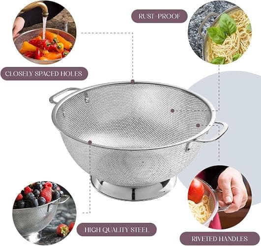 Bellemain Colander for Kitchen – 5 Qt Stainless Steel Strainer with Handle - Pasta Strainer Bowl for Pasta, Spaghetti, Vegetables, Fruit, and Pot Draining - Stainless Steel Colander thumbnail 6