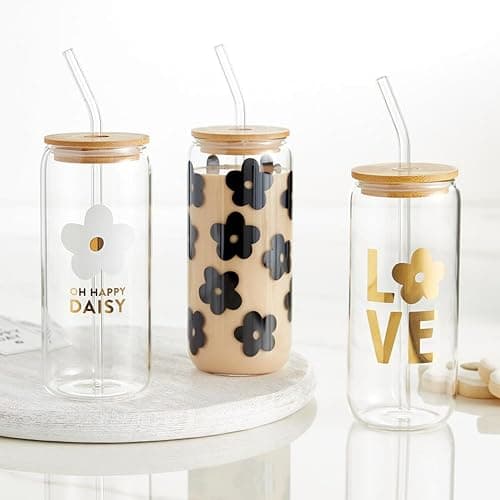 Santa Barbara Design Studio Cold Brew Glass Tumbler With Lid And Straw Glass Cup with Bamboo Lid, 20-Ounce, Black - Flowers thumbnail 2