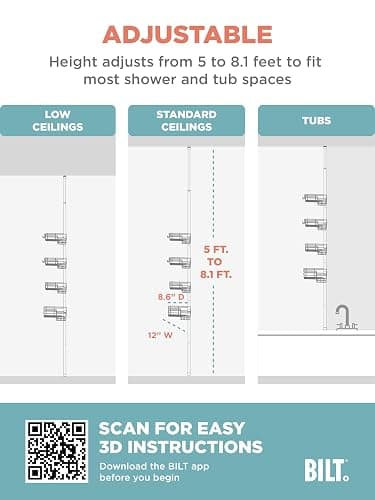 Zenna Home Tension Pole Shower Caddy, Adjustable Corner Shower Storage System with 4 L-shaped Baskets and Hooks, Rust-Resistant Bathroom Organization Solution, 60 to 97 Inch, Satin Nickel - Satin Nickel thumbnail 5