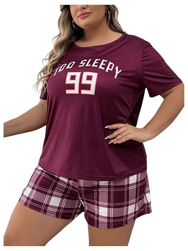 GORGLITTER Women's Plus Size Pajama Set 2 Piece Letter Short Sleeve Shirt Plaid Boxer Shorts Pjs Lounge Sets thumbnail 4