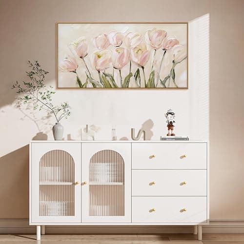 CHDITB Tulip Floral Framed Canvas Wall Art, 20"X40" Watercolor Flower Pink Tulip Textured Oil Painting, Modern Wildflower Wall Decor, Large Pink Floral Artwork for Living Room, Bedroom, Office thumbnail 6