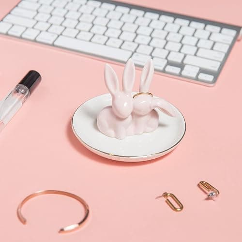 Bunny Ring Holder - Ceramic Jewelry Dish for Rings, Earrings, Necklace Organizer - Rabbit Trinket Tray, Wedding Engagement Holder (Pink) thumbnail 2