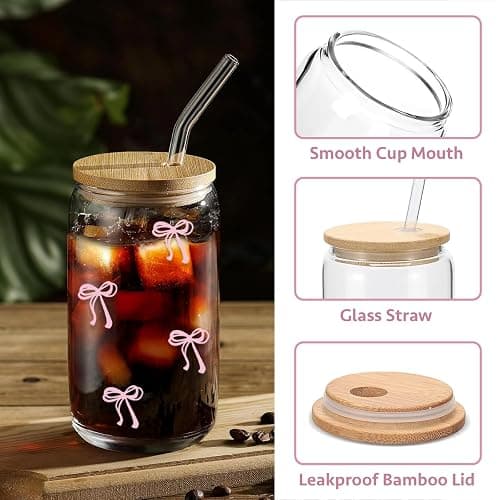 Mikopei Coquette Aesthetic Glass Cups with Lids and Straws - Pink Bow Iced Coffee Cup Decor, Cute Tumbler Smoothie with Cleaning Brush&Gift Box, Gifts for Girls Women Friends, 16 oz thumbnail 5