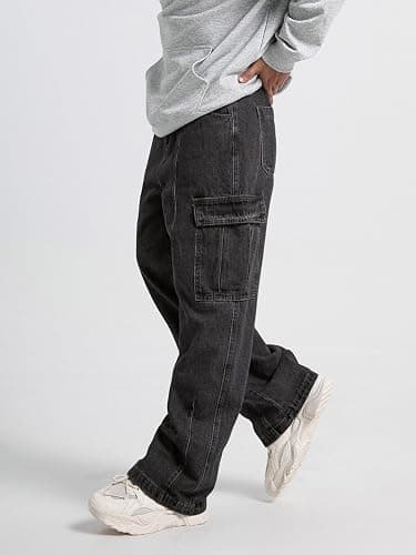 Mens Baggy Jeans for Men Women Y2k Skater Vintage Plain Pants Multiple Pockets Casual Wide Leg Loose Fit Cargo Denim Jeans thumbnail 5