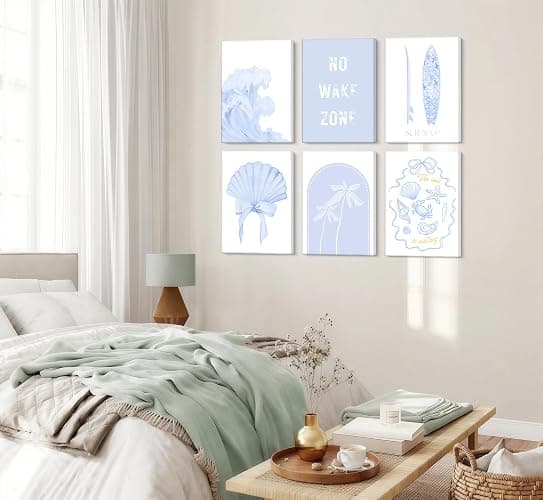 6pcs Blue Coastal Beach Wall Art Coastal Granddaughter Bow Shells Aesthetic Painting Picture Wall Decor No Wake Zone Preppy Poster Print Artwork for Living Room Bedroom Bathroom Dorm Home Decoration thumbnail 5