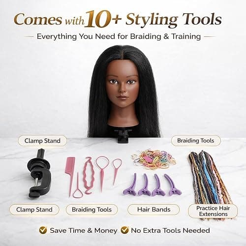 Mannequin Head Human Hair 16 Inch, 100% Real Human Hair Cosmetology Mannequin Head with Clamp Stand, Professional Hair Manikin Doll Head for Braiding, Styling & Hairdresser Training (Black-16inch) thumbnail 6
