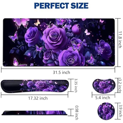 Large Mouse Pad + Keyboard Wrist Rest Set, Extended Gaming Mousepad (31.5X11.8 inch) with Non-Slip Rubber, Ergonomics Memory Foam Mouse Wrist Rest Support, Purple Flowers Painting XXL Desk Pad thumbnail 2