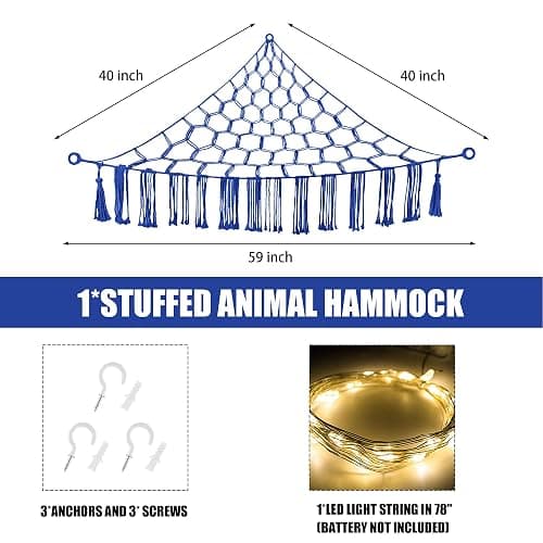 CERETIA Stuffed Animal Hammock with LED Light, Toy Hammock for Stuffed Animals Storage for Kids Room Decor, Stuffed Animal Hammock Corner, Royal Blue thumbnail 3