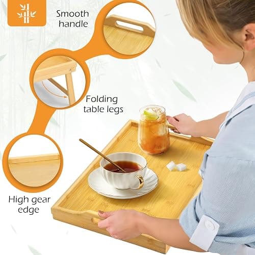 Bamboo Bed Tray Table, Folding Legs and Handles, Breakfast Tray, Laptop Desk for Bed or Sofa, Serving Tray for Eating, Working, Reading,Picnic thumbnail 5