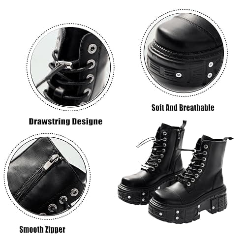 AZAGNEEM women platform Goth Ankle Boots with Studded Buckle Lace up Chunky Block Heels Lug Sole Punk Motorcycle Combat Boots Round Toe Waterproof Chunky Wedge Heel Rave Short Booties thumbnail 6