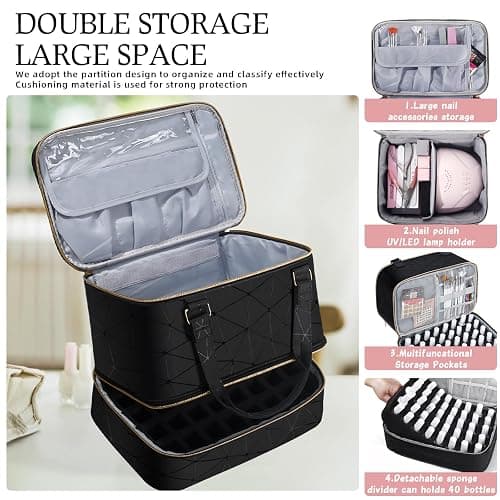 FCQQYWZ Nail Polish Organizer Case Hold 40+ Bottles (15ml/0.5 fl.oz) and Led Nail Lamp, Nail Supply Organizers and Storage for Nail Tech, Nail Dryer Case Nail Polish Bag Nail Kit Organizer (BLACK) - 40-Black thumbnail 3