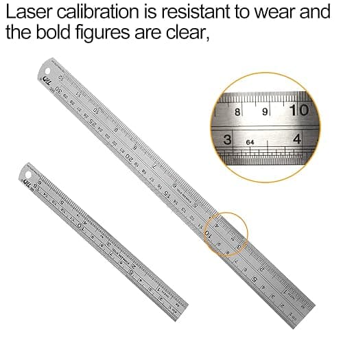 YouOKLight Metal Ruler Set, 6 inch Ruler and 12 inch Ruler. Ruler Inches and Centimeters, Metric Ruler 12 Inches, Metal Ruler 12 inch, Drawing Ruler, Precision Measuring Metal Ruler Silver thumbnail 3