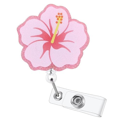 Cute Hibiscus Flower Badge Reel, Pink, Retractable ID Card Holder | Work Badge Clip for Pediatric ED ER RN CNA LPN MA PT OT Therapists HR Social Workers Nurses Doctor Teachers Nursing Student - Image 1