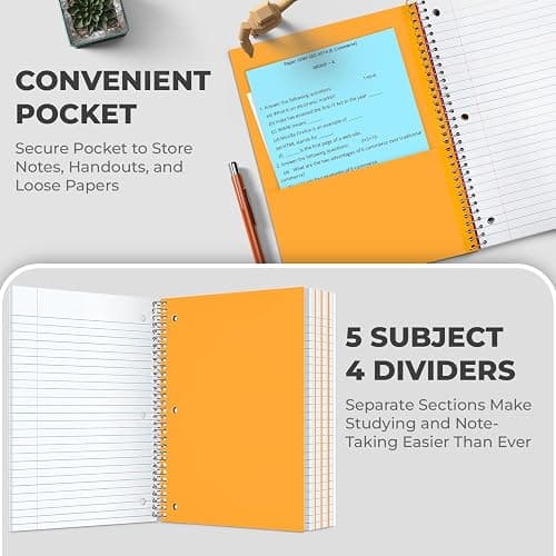 Rosmonde 5 Subject Notebook College Ruled, 6 Value Pack, 300 Pages (150 Sheets), 8 x 10-1/2", 5 Subject College Ruled Spiral Notebooks for School & Office, Thick Paper Fights Ink Bleed, 3 Hole Punched thumbnail 4